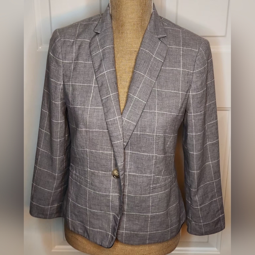 Ann Taylor Charcoal Windowpane Women's Linen Blend Blazer Size 6P (18"-p to p)